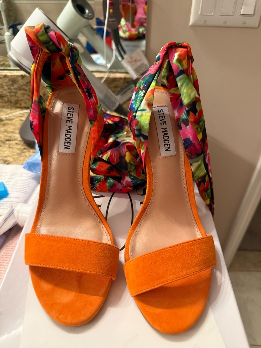Steve Madden Orange Suede Heels with Multicolor Floral Ankle Wrap